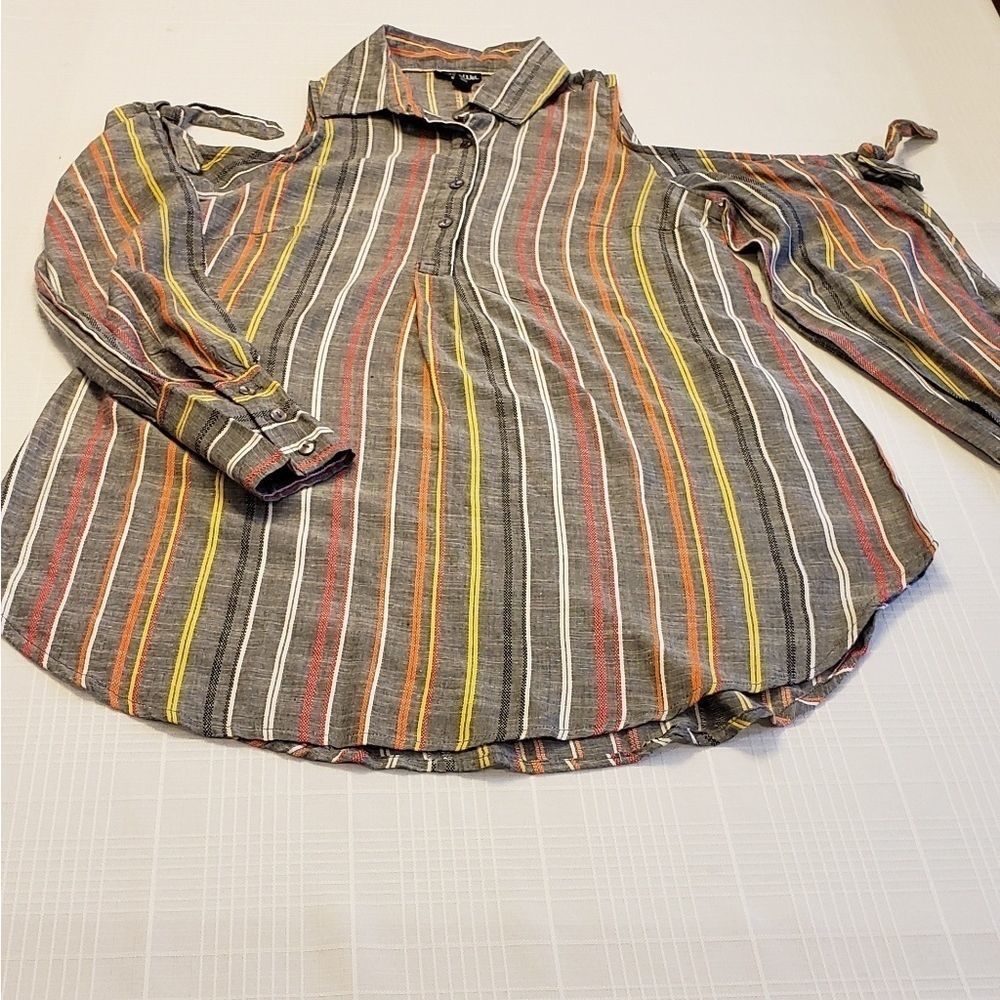 Gray Multi Striped Cold Shoulder Top